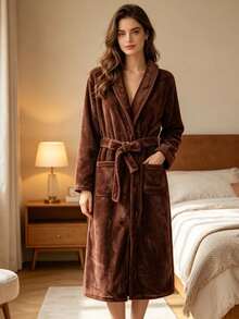 Áo choàng tắm nữ dài cổ ve áo, lót lông cừu, chất liệu flannel, kiểu dáng thoải mái, mềm mại, sang trọng, thanh lịch và quyến rũ, thích hợp cho đầu mùa xuân. - Màu Khaki - Xem 8