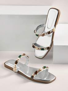 SHUZIA Sandal đế bằng nữ tối giản, thoải mái, bền chắc, có hai quai cài và điểm nhấn kim loại. - Bạc - Xem 5