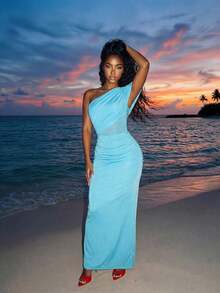 Slaydiva Nuevo vestido largo de gasa azul cielo, estilo bohemio y nómada, para primavera temprana, primavera y verano, festivales de música, San Valentín, Pascua, casual, sencillo y básico, fiesta de crucero, fiesta de cumpleaños, cita diaria, vacaciones casuales, elegante para ir al trabajo, hombros descubiertos, un solo hombro, hombros descubiertos, vestido largo estilizador, vestido de mujer extra largo - Azul menta - Ver 4