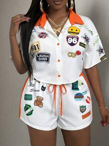 Slaydiva 女士休闲街头风卡通印花修身口袋两件套，春夏款 - 橘色 - 查看 6