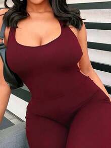 INAWLY Women's Solid Color Backless Halter Jumpsuit - Burgundy - View 5