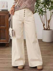EMERY ROSE Plus Size Casual Everyday Patch Pocket Solid Color Wide Leg Jeans - Apricot - View 1