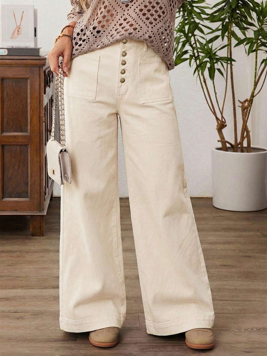 EMERY ROSE Plus Size Casual Everyday Patch Pocket Solid Color Wide Leg Jeans - Apricot - View 1