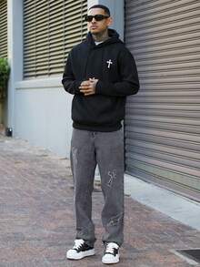 Devon Thys 男士仿旧闪电刺绣灰色牛仔裤 - 灰色 - 查看 1