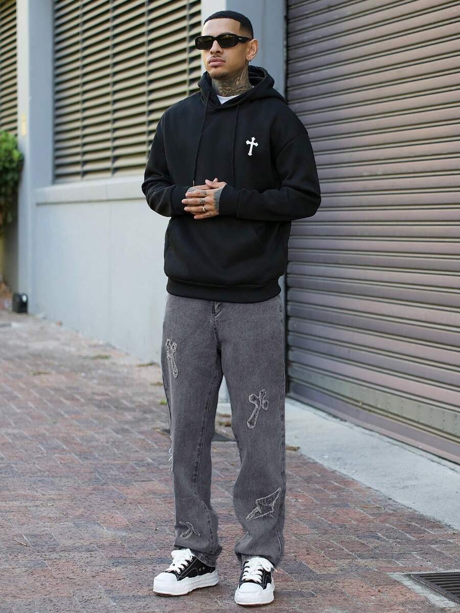 Devon Thys 男士仿旧闪电刺绣灰色牛仔裤 - 灰色 - 查看 1