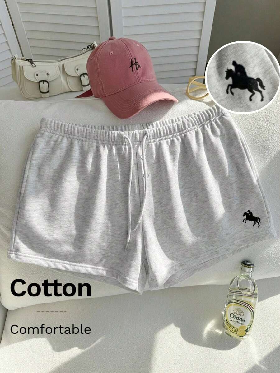 Comfortcana 大码女式休闲骑行Logo单排扣系带短裤,春夏款 - 灰色 - 查看 1