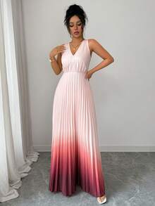 SHEIN Elenzya Robe élégante et romantique pour femmes, avec col en V sans manches, plis à la taille dans le dos et dégradé de couleurs - Multicolore - Voir 6