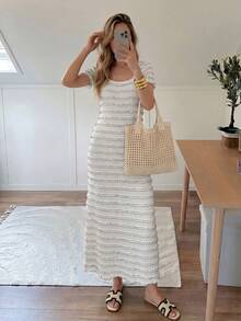 Easowa 夏季女士休闲圆领短袖连衣裙 - 象牙白色 - 查看 3