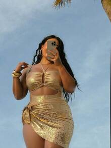 Swim SXY Plus Size Women 1-Piece Leopard Print Full Coverage Random Pattern Sexy Swimsuit - Gold - View 5