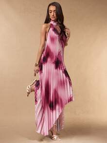 Silquee Women's Pleated Printed Satin Sleeveless Dress With An Asymmetrical Hem, Loose, Comfortable, And Casual, Perfect For Spring And Summer. Suitable For Everyday Wear. Can Be Worn As An Elegant Party Dress, Suitable For Afternoon Tea, The Beach, Dates, Sexy Parties, Sexy And Elegant Vacation Bridesmaid Dress, Birthday Parties, And Back-To-School/Graduation Dress.,Summer Dresses For Women Womens Halter Maxi Dress Pleated Halter Dress Occasion Dresses For Women - Red - View 5