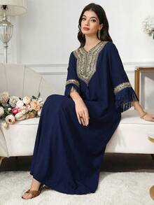 Yasmyna Đầm nữ cổ chữ V kiểu Ả Rập, thích hợp cho tiệc tùng và du lịch. - Màu xanh hải quân - Xem 5