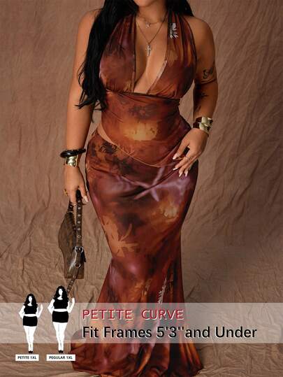 SHEIN PETITE CURVE Fashionable Summer Spaghetti Strap Sexy Spaghetti Strap Camisole Paired With Bodycon Mermaid Midi Skirt 2 Pieces Set