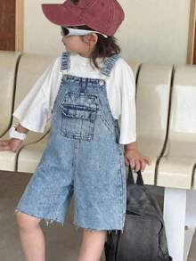 Young Boy Casual Blue Denim Bib Shorts With Pockets - Medium Wash - View 7