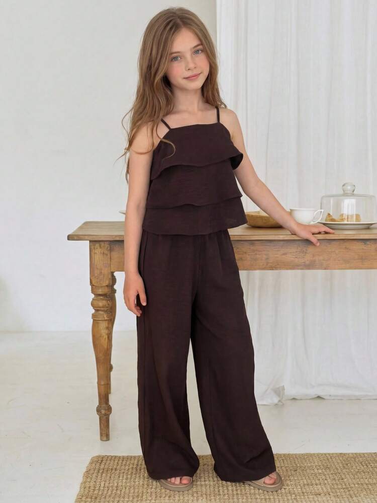 Tween Girl Casual Ruffle Trim Cropped Cami Top And Wide Leg Pants Set