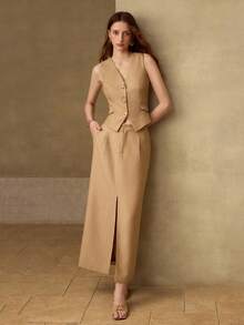 MOTF PREMIUM WOMEN'S SEQUIN SLEEVELESS VEST AND HIGH SLIT SKIRT 2 PIECES SET - Khaki - View 2