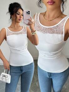 Rafferiza Damen Sommer Spitze Patchwork Trägerhemd, ärmelloses Slim Fit Trägershirt, elegant für den Arbeitsweg, den Alltag und Dates - Weiss - Übersicht 8