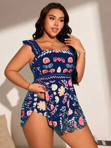 Swim Lushoire Baju Renang Tankini Motif Elegan Ukuran Plus untuk Liburan - Navy Blue - View 3