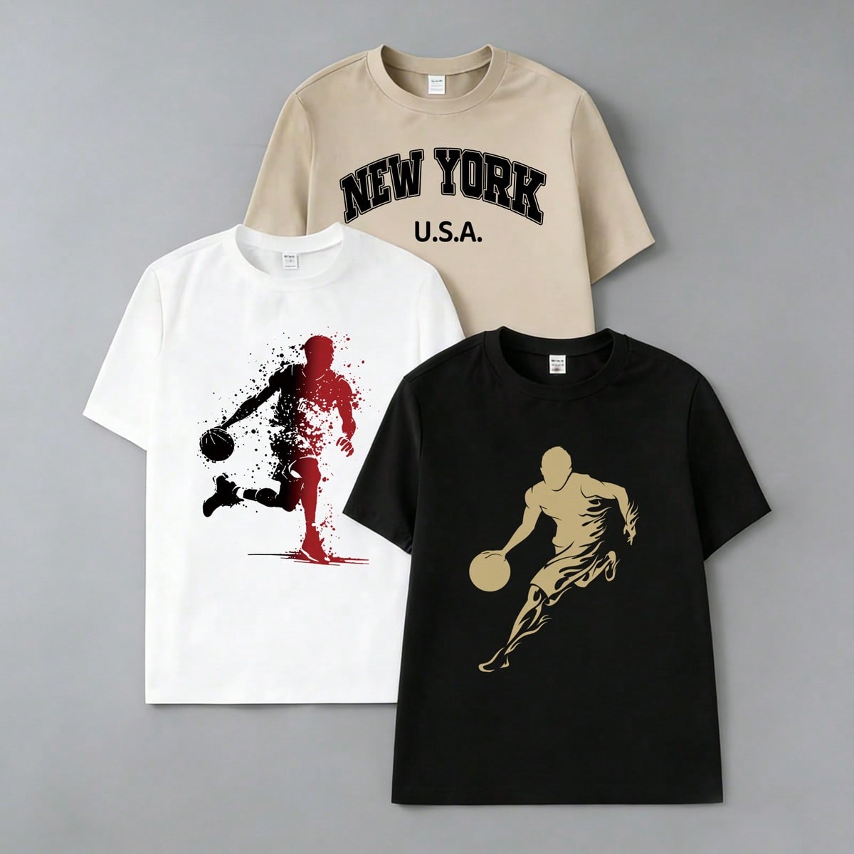 Set de 3 camisetas de manga corta con cuello redondo casuales para adolescentes con estampado de letras de la ciudad de Nueva York y silueta de balonc