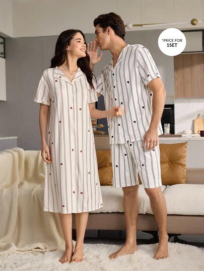 CoupledUp Bộ đồ ngủ nam dáng rộng, gồm áo cardigan cổ chữ V và áo tay ngắn in hình trái tim kẻ sọc, thích hợp cho mùa xuân/hè.