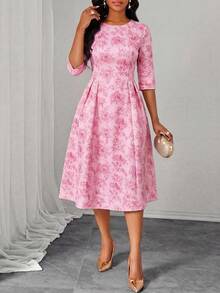 SHEIN Lady Women's Floral Print Round Neck Elegant Mid-Length Dress, Spring/Summer - Pink - View 5