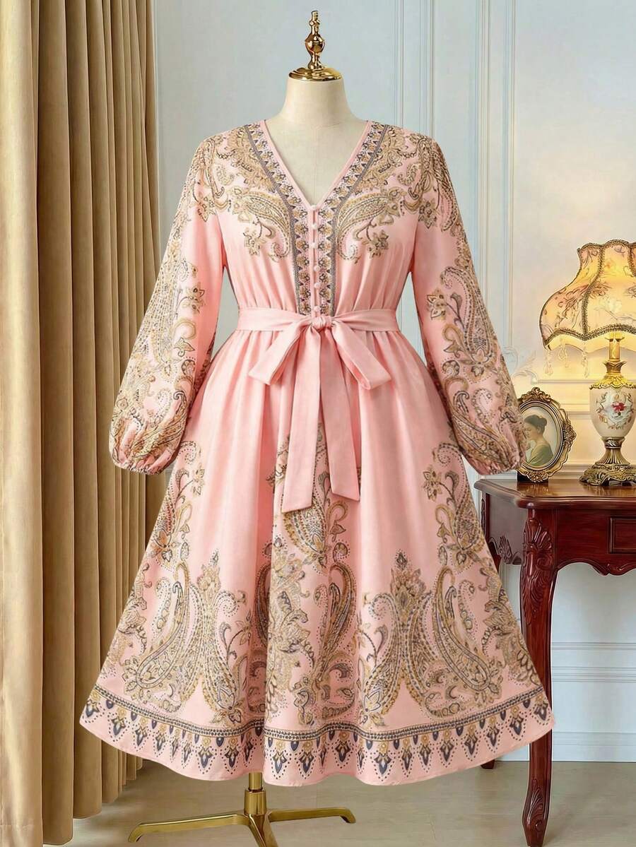 Rometta 大码女式局部印花优雅灯笼袖 V 领修腰 A 字形连衣裙 - 粉色 - 查看 1