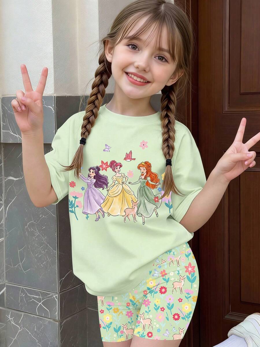 一套女童甜美薄荷绿短袖套装，包括梦幻公主印花T恤和可爱蝴蝶、小鹿、花朵图案短裤，夏季套装 - 彩色 - 查看 1