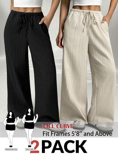 SHEIN Tall CURVE 2pcs/Set Plus Size Women's Apricot & Black Casual Pants, Versatile All-Match Wardrobe, Comfortable & Suitable For Various Occasions,Suitable For Occasions Such As Summer, Spring, Valentine's Day, Carnival, Beach, Vacation, Leisure, Parties, Weddings, Etc., Elegant And Fashionable, Summer Outfits For Women, Festival Outfits,King's Day,Mother's Day,Country Concert Outfit, Graduation, Summer Outfit, Office Attire For Women, Work, Black Pants