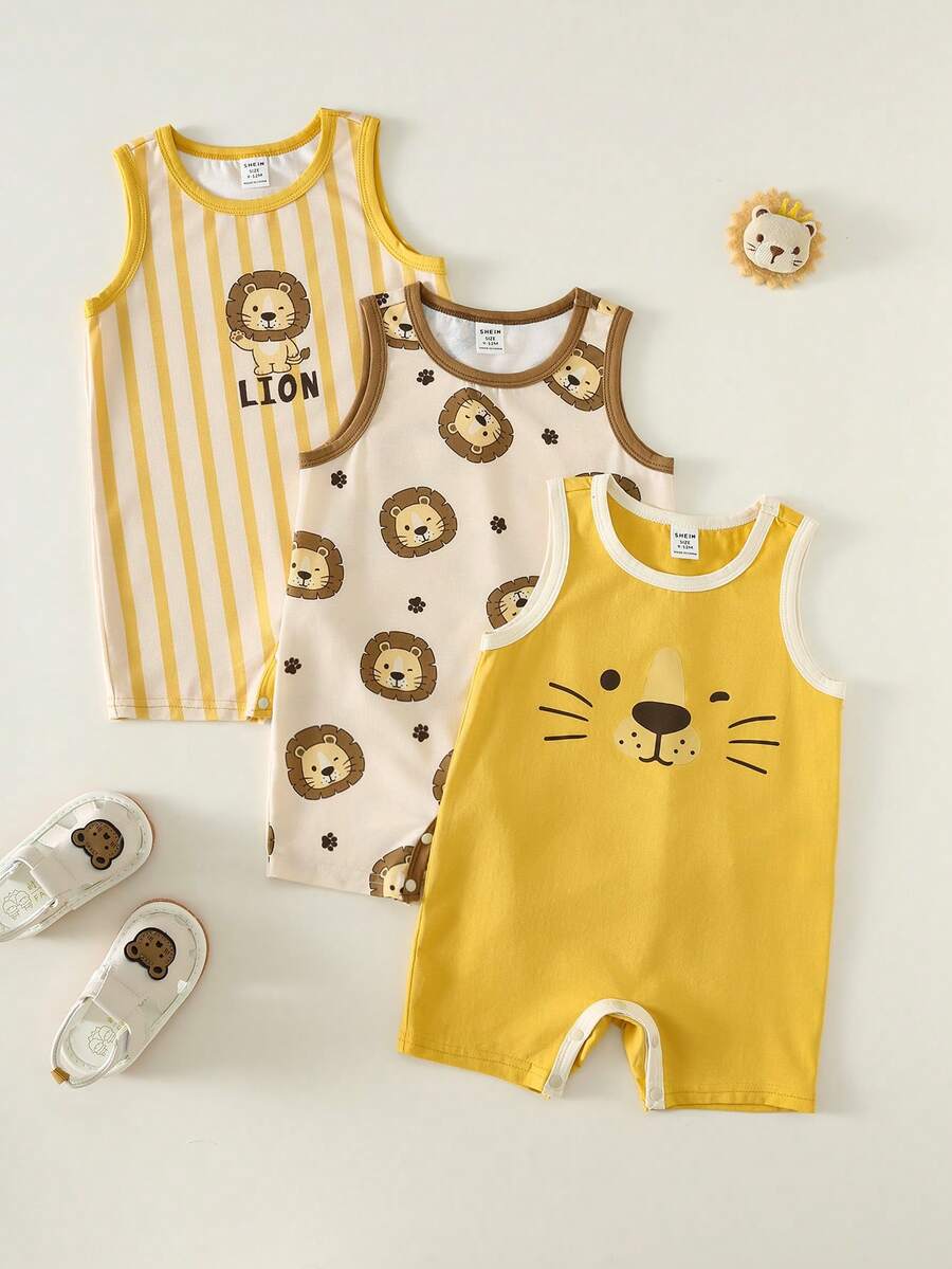 SHEIN Bộ áo liền quần 3 món in hình sư tử dễ thương cho bé sơ sinh, kiểu dáng thường ngày, không tay, thích hợp mặc trong nhà hoặc mùa hè. - Màu vàng - Xem 1
