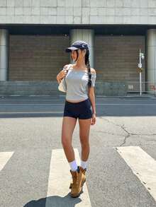 INAWLY 女士纯色圆领短袖休闲T恤，夏季印花T恤女式上衣 - 淺灰色 - 查看 6