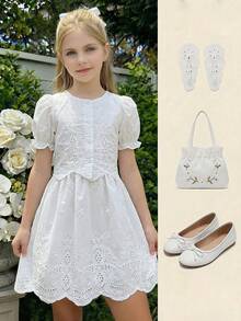 SHEIN 少女白色刺繡泡泡袖上衣與裙子套裝，熱帶夏季度假套裝，適合戶外生日派對、假期表演、拍照拍攝 - 白色 - 查看 4