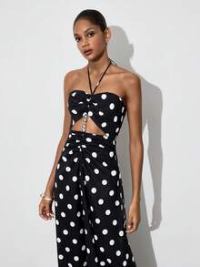 Gossip Girl X SHEIN SHEIN Maija Đầm nữ thời trang in chấm bi đính cườm, cổ yếm buộc dây. - màu đen - Xem 5