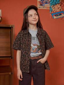 Dazy Kids Tween Girls Leopard Print Denim Lapel Long Sleeve Jacket And Coat, Fall - Brown - View 7