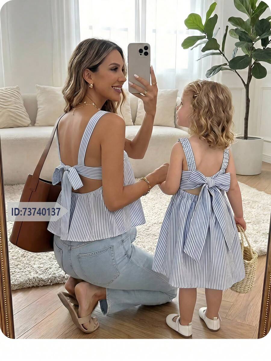 SHEIN Đầm trễ vai không dây buộc, kẻ sọc xanh trắng cho bé gái - Xanh và trắng - Xem 1