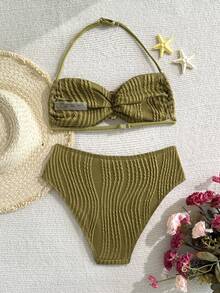 Bộ bikini màu trơn không dây đeo vai, thắt nơ, đính trang sức kim loại, thích hợp cho bé gái tuổi teen mùa hè, bộ đồ bơi/trang phục đi biển/đồ bơi hai mảnh/bộ bikini cho thiếu nữ - màu xanh lá - Xem 2
