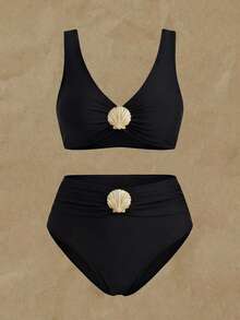 Swim Chiccia Conjunto de traje de baño de talla grande con decoración de concha de unicolor - Negro - Ver 4