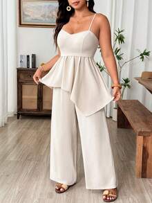 Weeklong Women's Elegant Camisole Top With Ruched Asymmetric Hem Paired With Minimalist Straight Leg Pants, Plus Size 2-Piece Set - Apricot - View 7