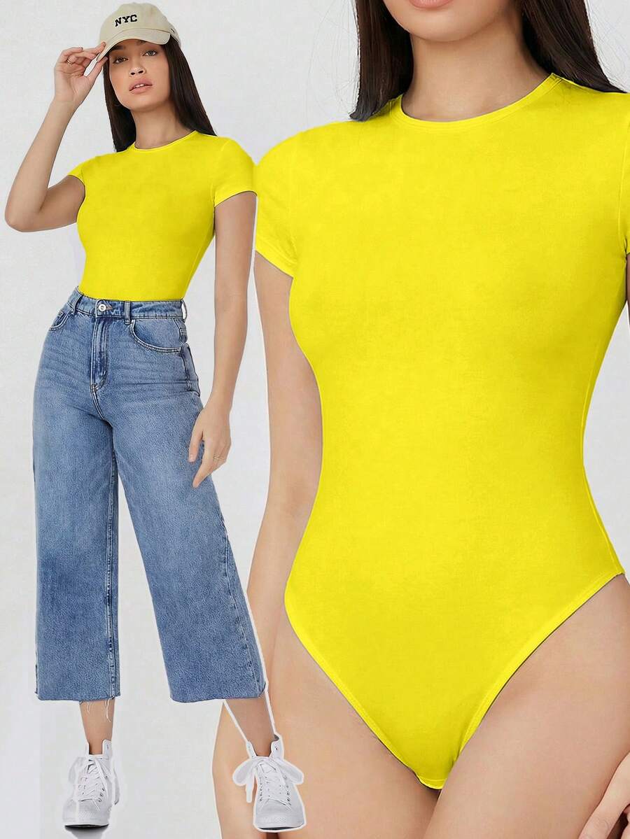 SHEIN BASICS 1pc Solid Round Neck Short Sleeve Tee Bodysuit Bodysuits For Ladies Plain Bodysuit Summer Clothes