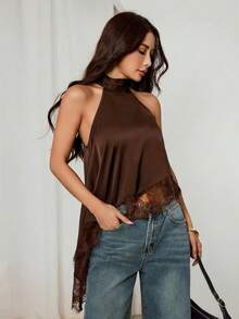 SHEIN PETITE Áo kiểu yếm cổ cao bất đối xứng với viền ren, thích hợp cho tiệc tối, cocktail, trang trọng, thanh lịch, không tay, đi chơi đêm, dự tiệc cưới, mùa hè, thu, kiểu trễ vai. - màu nâu - Xem 5