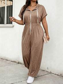 Calvaya Plus Size Short Sleeve V-Neck Textured Front Zipper Waist Drawstring Hooded Jumpsuit, Casual Commuter Wear - Coffee Brown - View 1