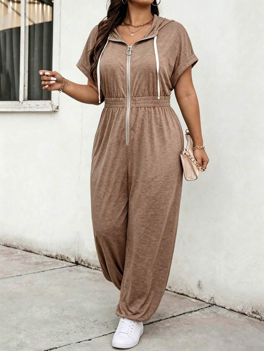 Calvaya Plus Size Short Sleeve V-Neck Textured Front Zipper Waist Drawstring Hooded Jumpsuit, Casual Commuter Wear - Coffee Brown - View 1