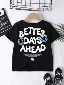 SHEIN Áo thun cổ tròn tối giản phong cách thường ngày dành cho bé trai, thích hợp cho mùa hè, in hình chữ xoắn cổ điển, in hình khuôn mặt cổ điển, in hình ở mặt sau. - màu đen - Xem 2