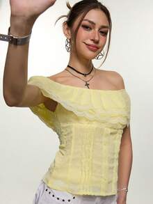 Rina Fox Women's Summer Casual Vacation Style Contrast Lace Layered Ruffle Off-Shoulder Top - Yellow - View 7