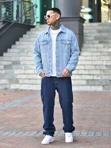 Devon Thys 男士长袖时尚休闲街头风牛仔夹克，百搭街头学院风外套，秋季款 - 淺色水洗藍 - 查看 2