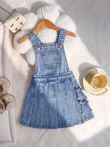 SHEIN Young Girls Denim Bib Pants And Jumpsuit New Casual Fashion Pleated Skort Design Sweet School Style Light Blue Denim Jumpsuit Shorts - Blue - View 6