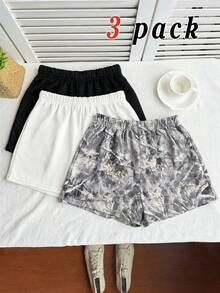 Bộ 3 món quần short dệt kim thường ngày cho bé gái tuổi teen, màu trơn, họa tiết cành cây trần và rằn ri, thích hợp cho mùa tựu trường, hoặc để mẹ và bé mặc cùng nhau. - Nhiều màu - Xem 4