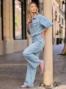 Hauture Women's Casual Streetwear Style Loose Jumpsuit With Flap Pockets, Suitable For Spring, Summer And Autumn, Daily Everyday Travel Vacation Light Blue - Light Wash - View 6
