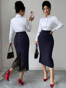Elenzga Plus Size Women's Spring/Summer Button Decor Split Lace Patchwork Casual Midi Skirt - Navy Blue - View 2