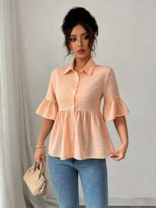 Elenzga Women's Solid Color Minimalist Short Sleeve Shirt, Casual Everyday Wear - Orange - View 4