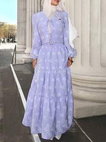 Mulvari Áo kiểu nữ thanh lịch in họa tiết toàn thân, thắt nơ phía trước, tay phồng, thích hợp cho mùa xuân. - Màu tím hoa cà - Xem 3