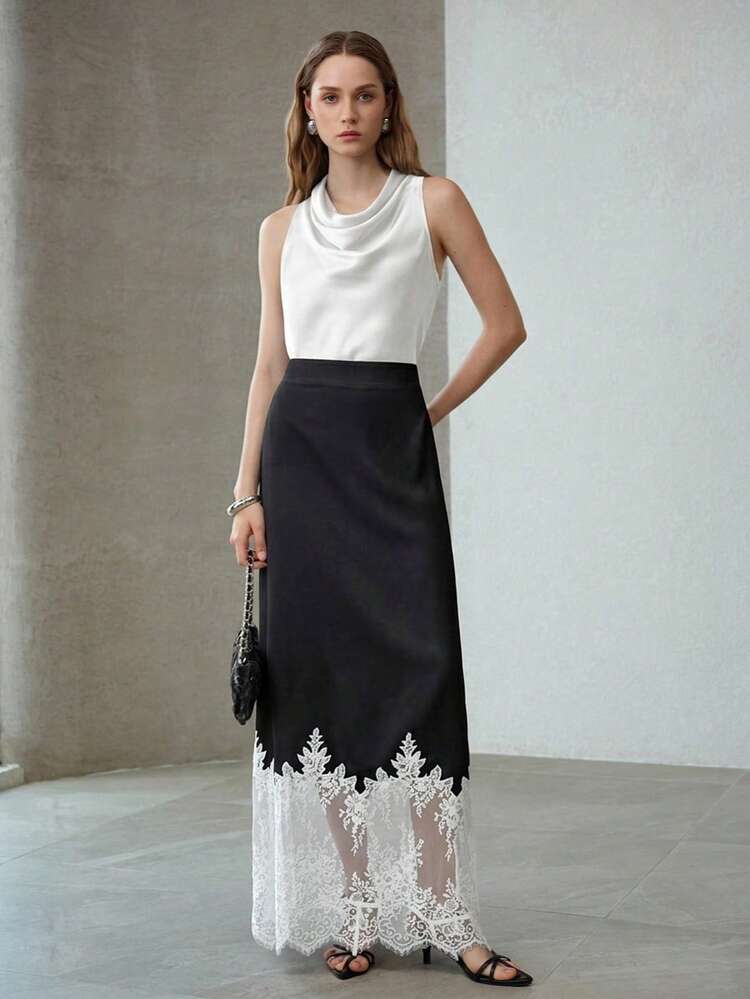WOMEN'S SATIN CONTRAST LACE SKIRT
